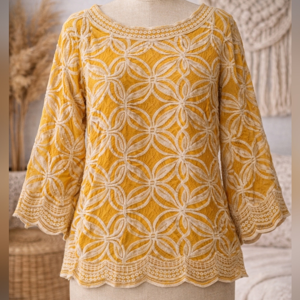 Solitaire Mustard Embroidered Boho Women's Top